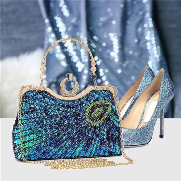 Beaded Bag Sequin Peacock Evening Clutch Purse for Women Formal Evening Blue - Picture 4 of 9